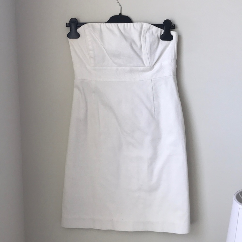 VV strapless white jacquard mini dress